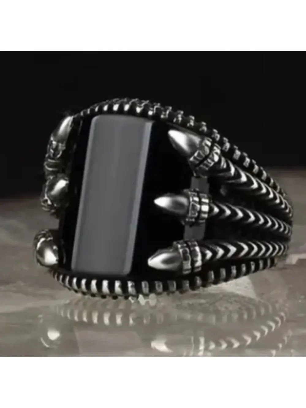 Black Gemstone Silvertone Eagle Claw Men's Ring